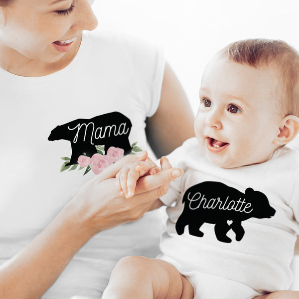 Personalised Mother & Baby Mama Bear T-Shirt And Vest Set (baby vest size 0-3mths)