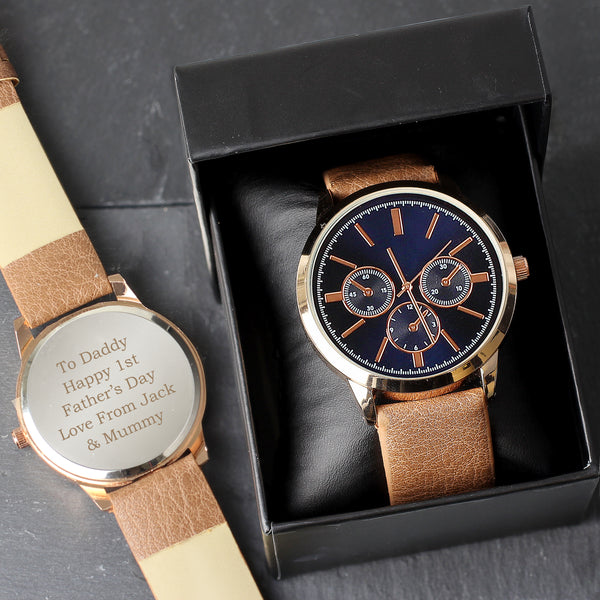 Personalised Mens Rose Gold Tone Watch with Brown Strap and Presentation Box