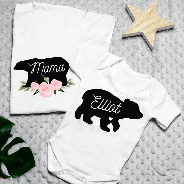 Personalised Mother & Baby Mama Bear T-Shirt And Vest Set (baby vest size 0-3mths)