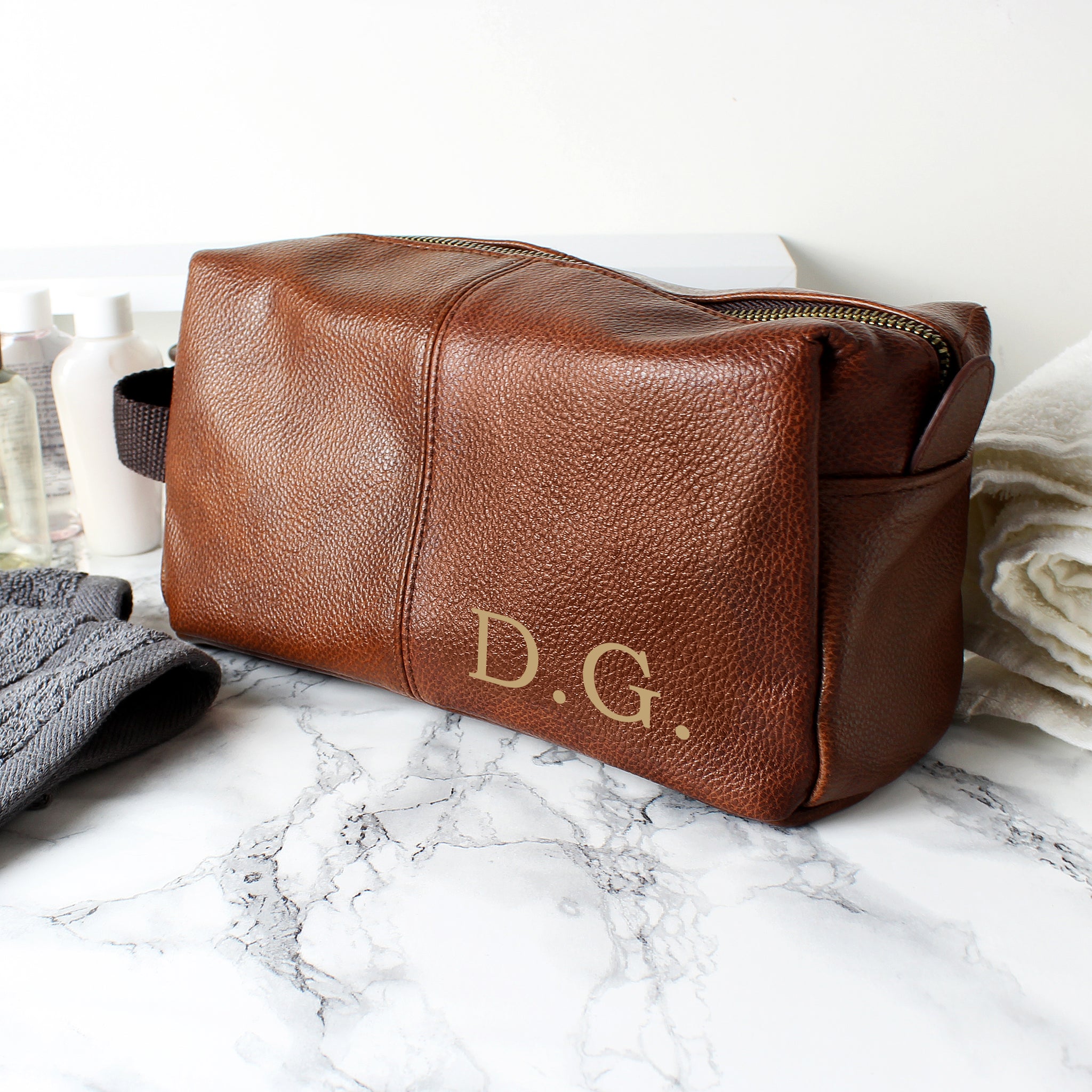 Personalised Luxury Initials Brown Leatherette Wash Bag