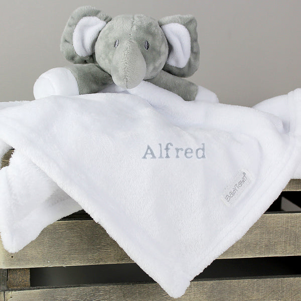 Personalised Plush Grey Elephant and White Comforter for Baby