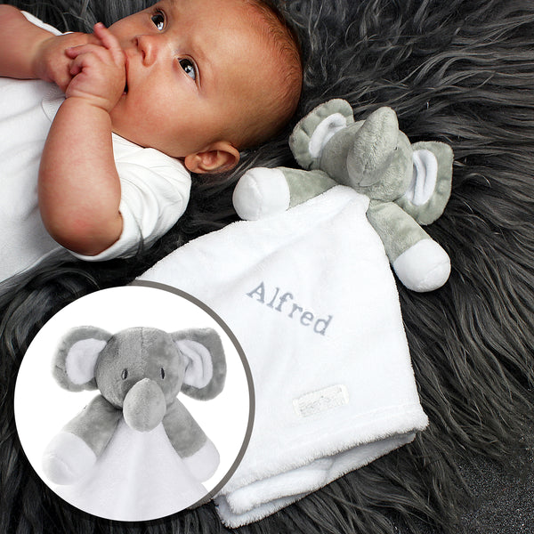 Personalised Plush Grey Elephant and White Comforter for Baby