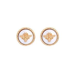 Bee on Pearl Circular Earrings in Textured Gold