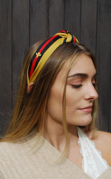 Stripe Fabric Twist Hairband with Bee Embroidery