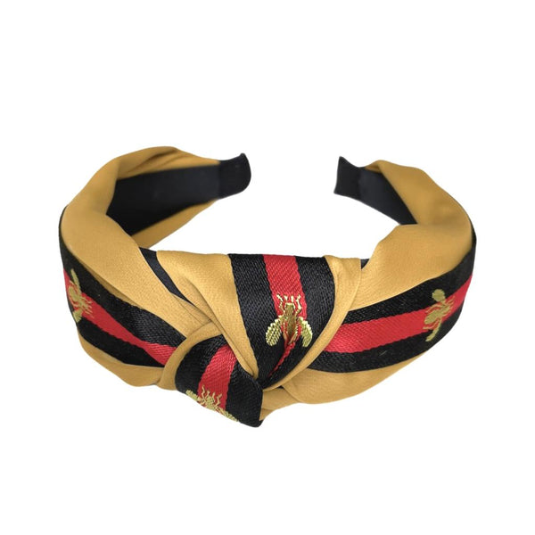 Stripe Fabric Twist Hairband with Bee Embroidery