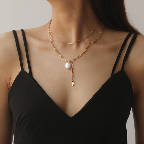 Freshwater Pearl Drop Necklace with Drop Gold Necklace in 18k Gold plate