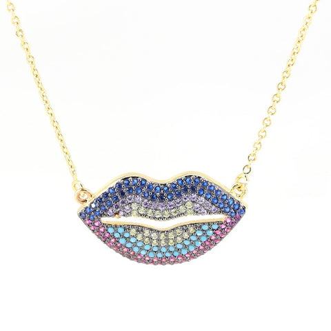 Rainbow Lips Necklace Gold with Zircon Crystals